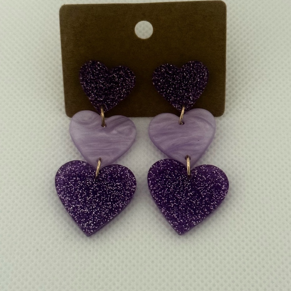 Purple Acrylic Heart Drop Earrings β Glitter & Marble Mix β NWT - Picture 4 of 6